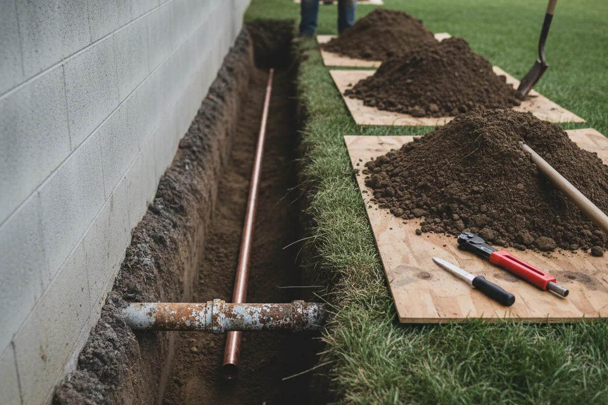 Excavated water line trench during Water Heater Repair in Streamwood